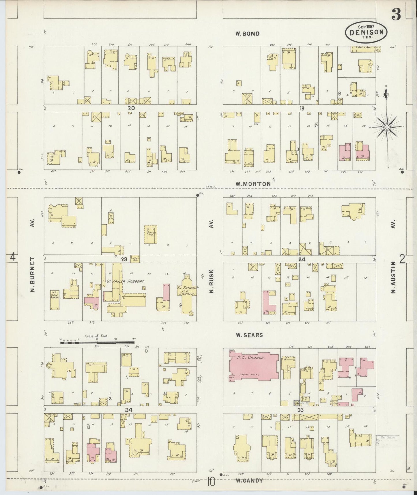 Sanborn Fire Insurance Map from Denison, Grayson County, Texas (1897), Sheet #0003 - Historic Sanborn Fire Insurance Map Print, vintage old map wall art, antique decor, genealogy gift, Texas Texas map