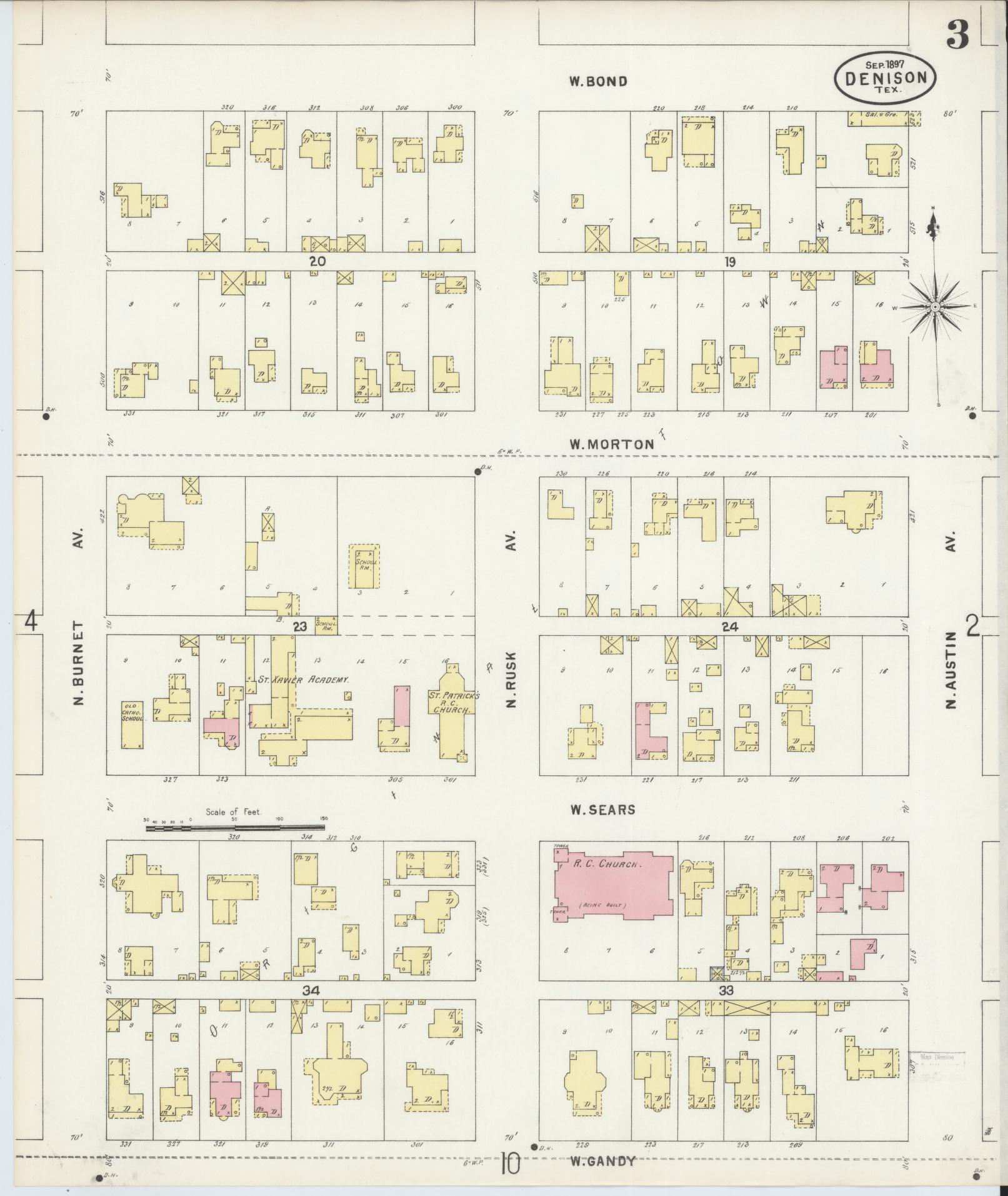 Sanborn Fire Insurance Map from Denison, Grayson County, Texas (1897), Sheet #0003 - Historic Sanborn Fire Insurance Map Print, vintage old map wall art, antique decor, genealogy gift, Texas Texas map