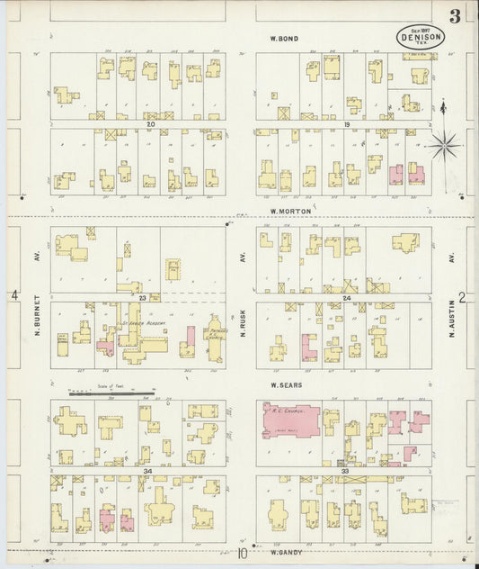 Sanborn Fire Insurance Map from Denison, Grayson County, Texas (1897), Sheet #0003 - Historic Sanborn Fire Insurance Map Print, vintage old map wall art, antique decor, genealogy gift, Texas Texas map