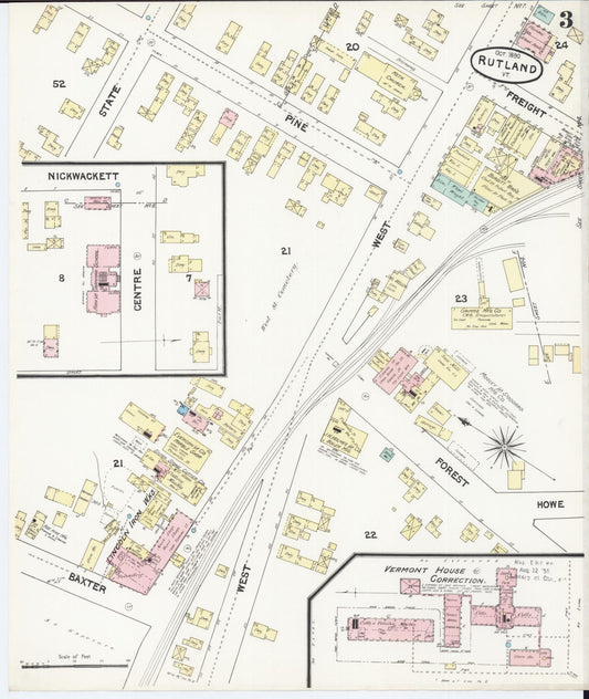 Sanborn Fire Insurance Map from Rutland, Rutland County, Vermont (1890), Sheet #0003 - Historic Sanborn Fire Insurance Map Print, vintage old map wall art, antique decor, genealogy gift, Vermont Vermont map
