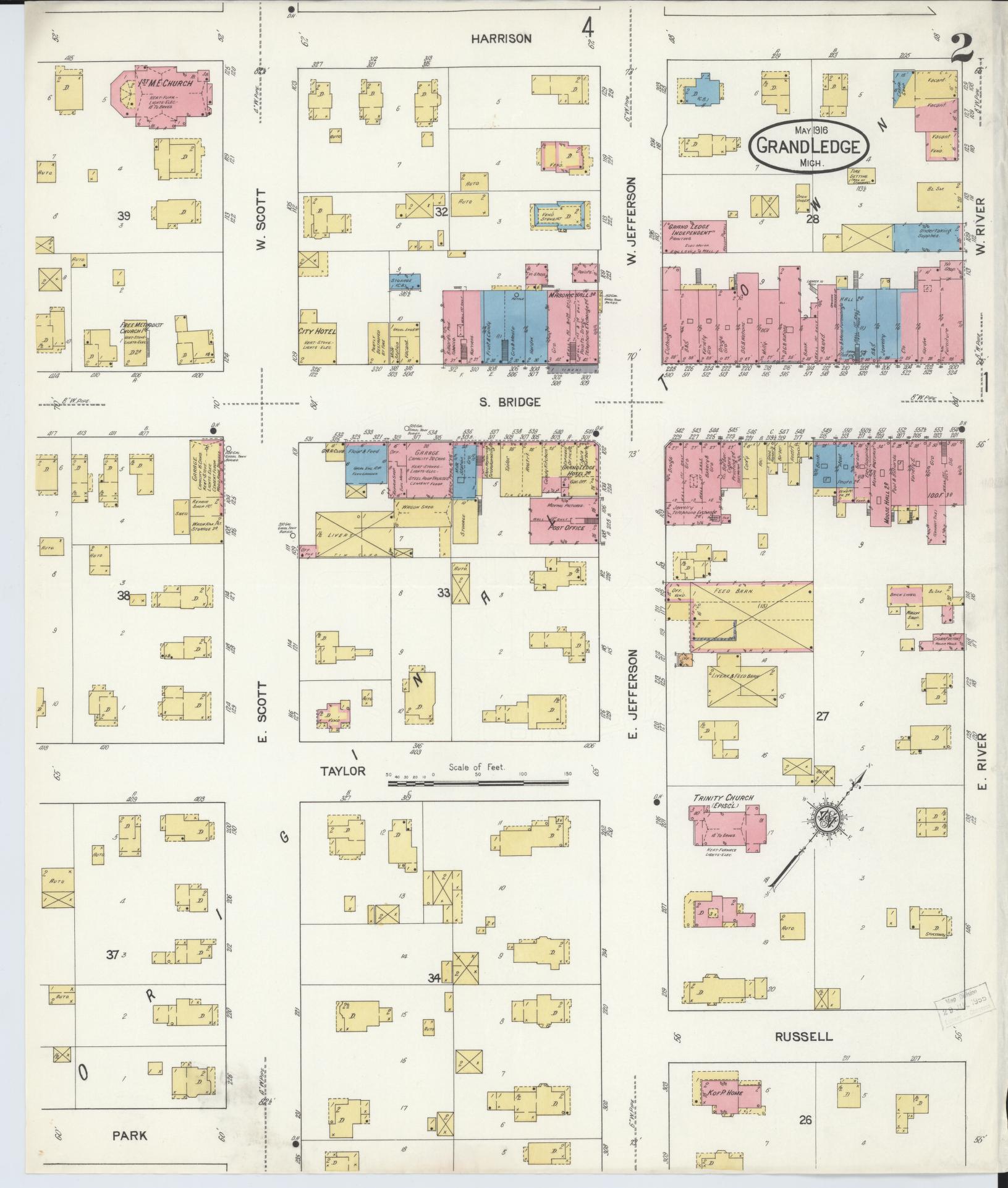 Sanborn Fire Insurance Map from Grand Ledge, Eaton County, Michigan (1916), Sheet #0002 - Historic Sanborn Fire Insurance Map Print, vintage old map wall art, antique decor, genealogy gift, Michigan Michigan map