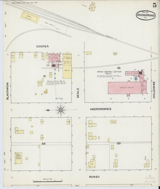 Sanborn Fire Insurance Map from Union Springs, Bullock County, Alabama (1891), Sheet #0005 - Historic Sanborn Fire Insurance Map Print, vintage old map wall art, antique decor, genealogy gift, Alabama Alabama map