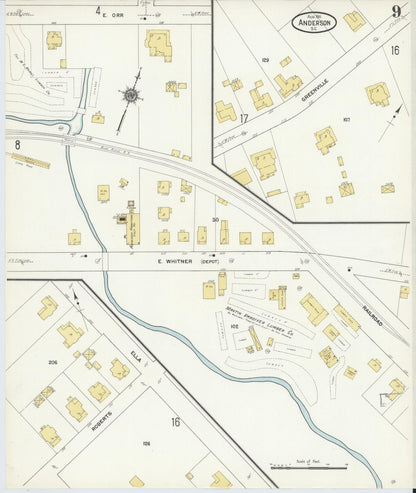 Sanborn Fire Insurance Map from Anderson, Anderson County, South Carolina (1911), Sheet #0009 - Complete Map Set gallery image, historic Sanborn map, vintage wall art, South Carolina South Carolina