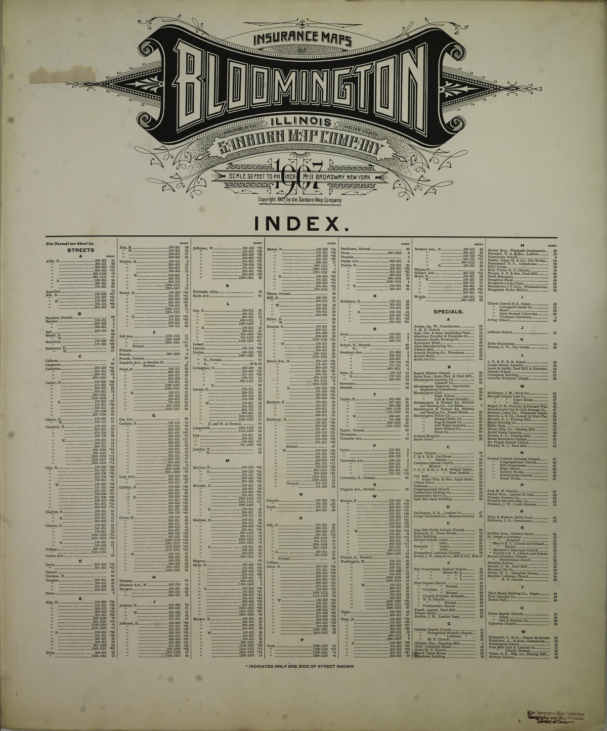 Sanborn Fire Insurance Map from Bloomington, McLean County, Illinois (1907), Sheet #0001 - Historic Sanborn Fire Insurance Map Print, vintage old map wall art, antique decor, genealogy gift, Illinois Illinois map