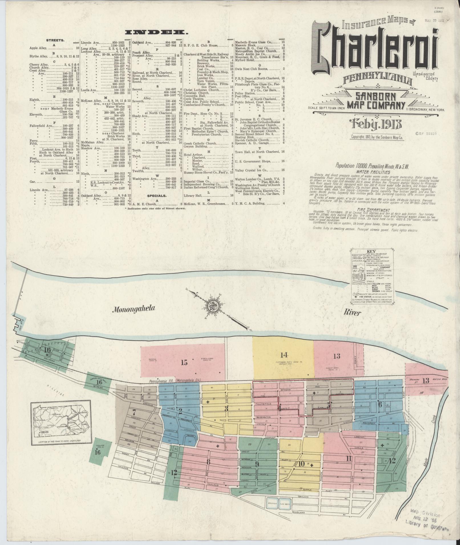 Sanborn Fire Insurance Map from Charleroi, Washington County, Pennsylvania (1913), Sheet #0001 - Historic Sanborn Fire Insurance Map Print, vintage old map wall art, antique decor, genealogy gift, Pennsylvania Pennsylvania map