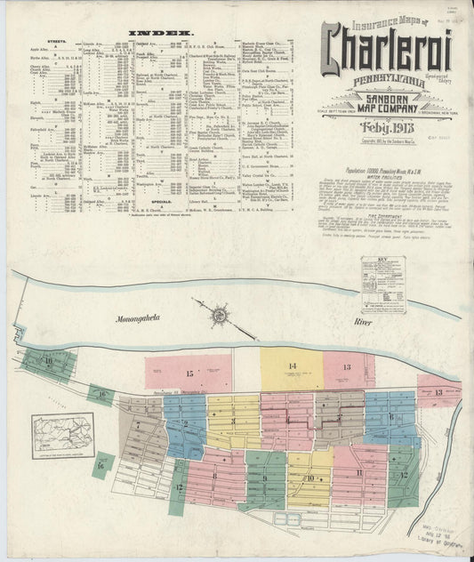 Sanborn Fire Insurance Map from Charleroi, Washington County, Pennsylvania (1913), Sheet #0001 - Historic Sanborn Fire Insurance Map Print, vintage old map wall art, antique decor, genealogy gift, Pennsylvania Pennsylvania map