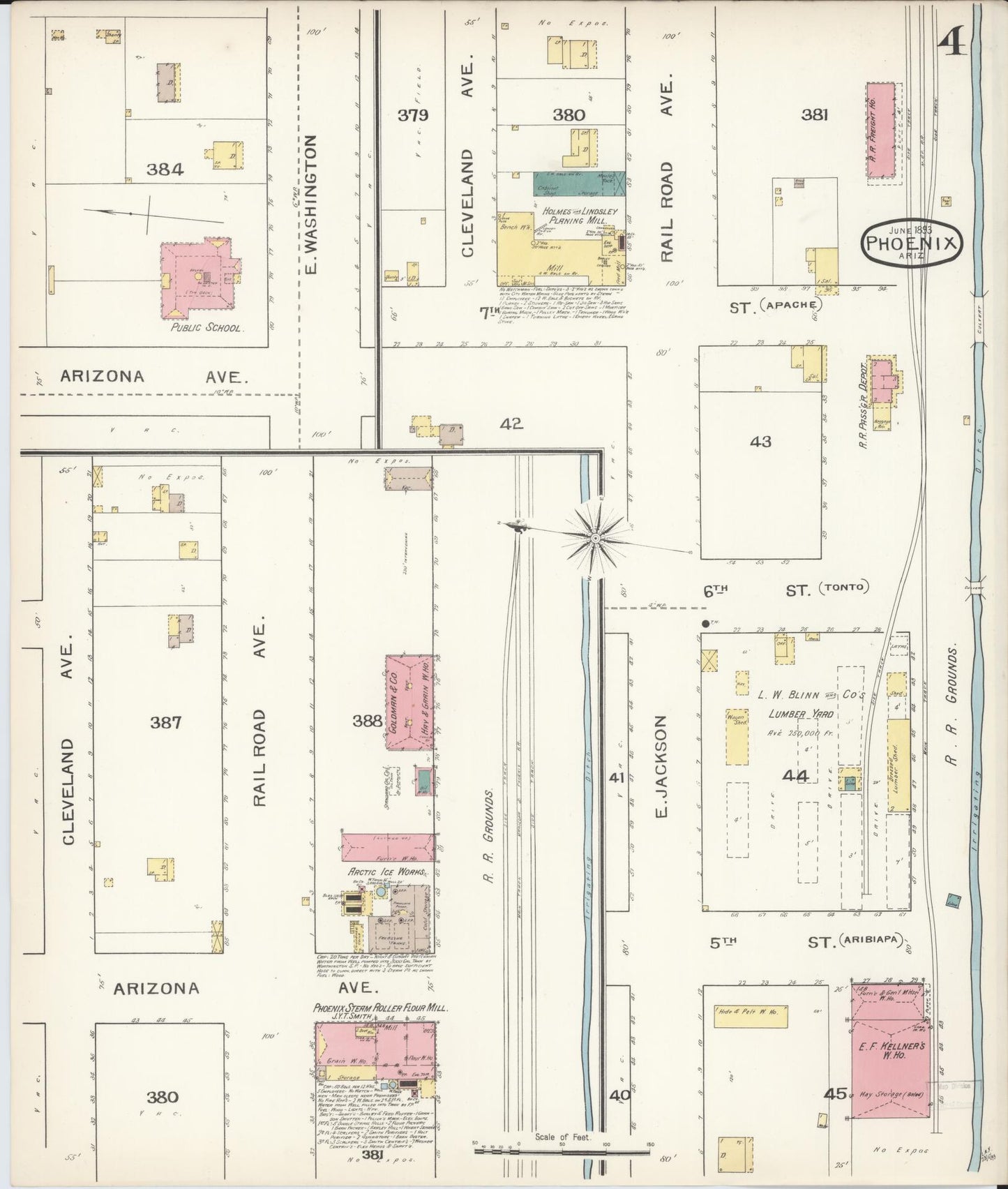 Sanborn Fire Insurance Map from Phoenix, Maricopa County, Arizona (1893), Sheet #0004 - Complete Map Set gallery image, historic Sanborn map, vintage wall art, Arizona Arizona