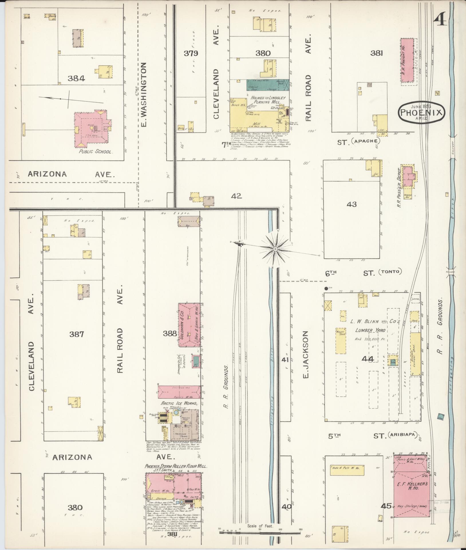Sanborn Fire Insurance Map from Phoenix, Maricopa County, Arizona (1893), Sheet #0004 - Complete Map Set gallery image, historic Sanborn map, vintage wall art, Arizona Arizona