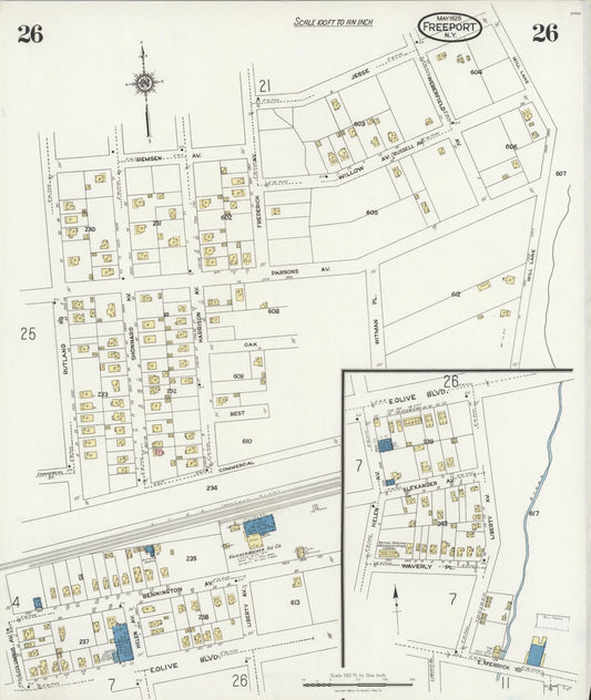 Sanborn Fire Insurance Map from Freeport, Nassau County, New York (1925), Sheet #0026 - Historic Sanborn Fire Insurance Map Print, vintage old map wall art, antique decor, genealogy gift, New York New York map