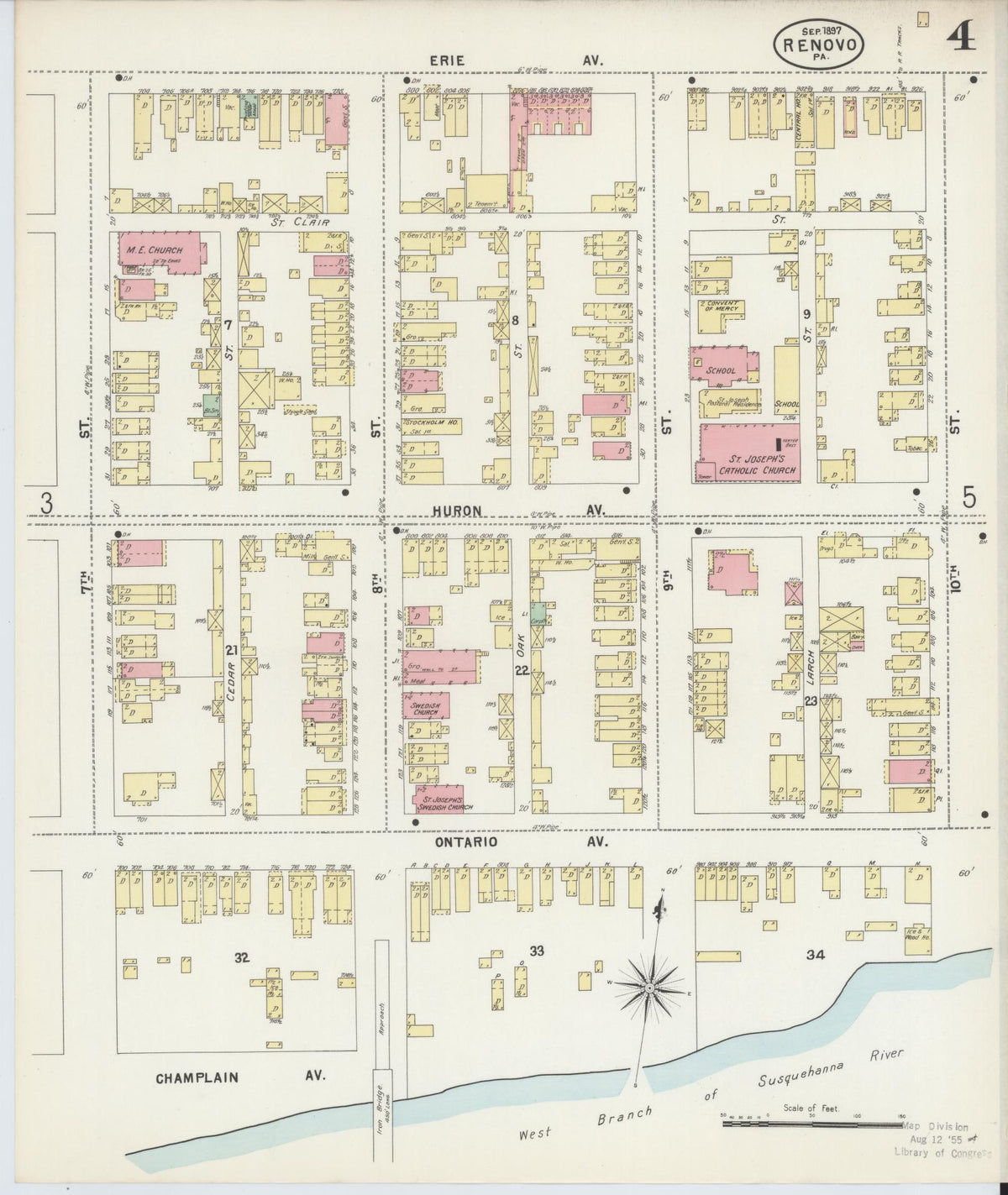 Sanborn Fire Insurance Map from Renovo, Clinton County, Pennsylvania (1897), Sheet #0004 - Historic Sanborn Fire Insurance Map Print, vintage old map wall art, antique decor, genealogy gift, Pennsylvania Pennsylvania map