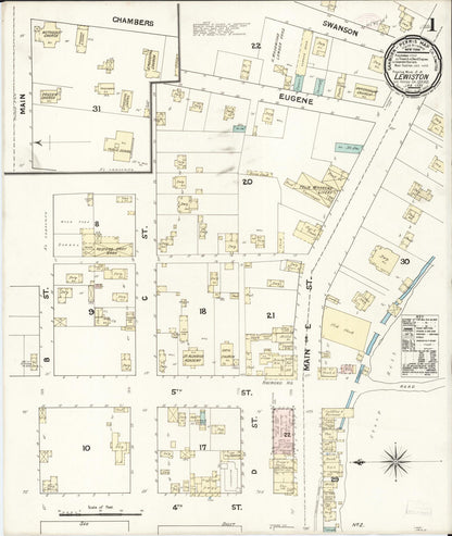 Sanborn Fire Insurance Map from Lewiston, Nez Perce County, Idaho (1891), Sheet #0001 - Complete Map Set gallery image, historic Sanborn map, vintage wall art, Idaho Idaho