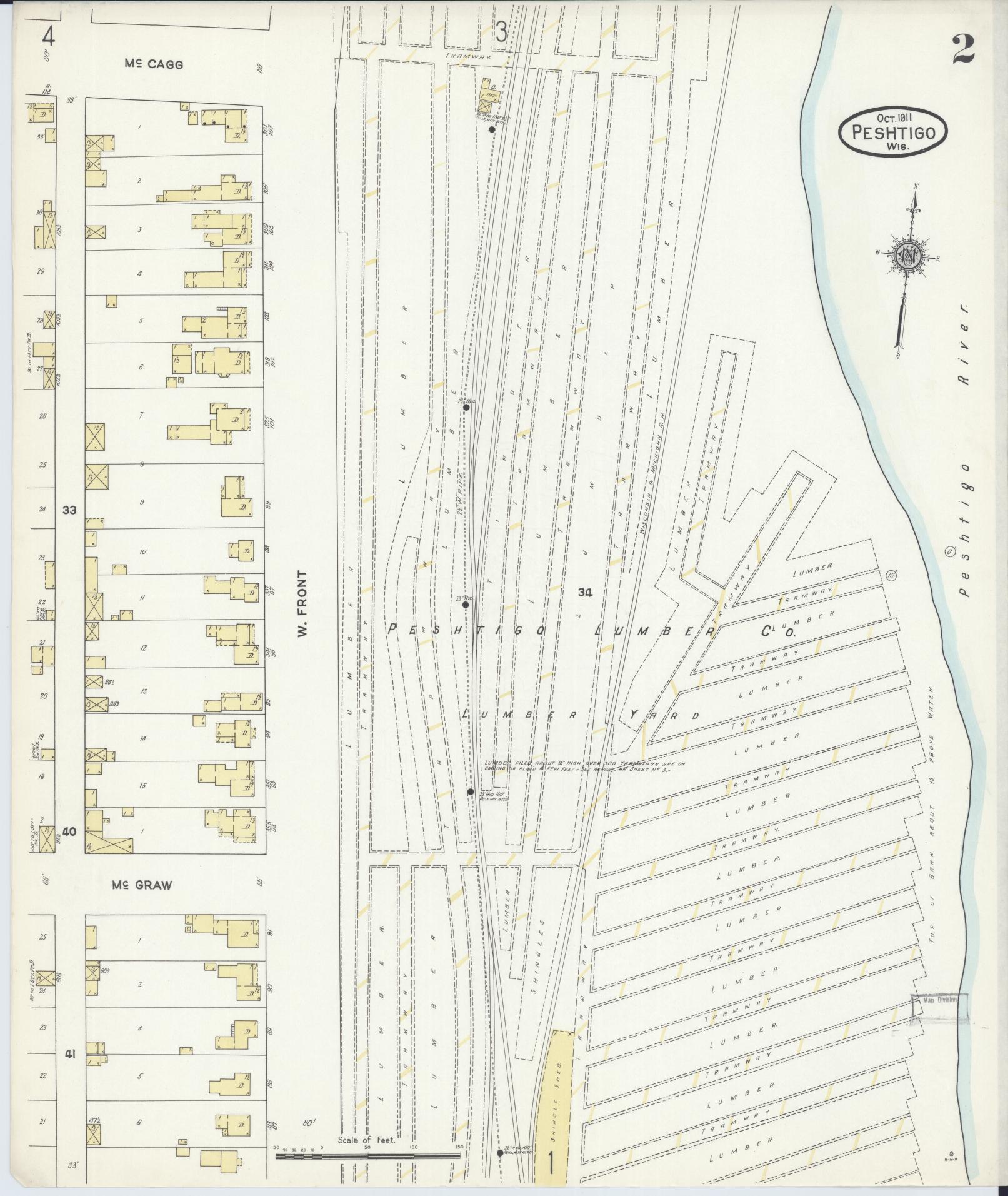 Sanborn Fire Insurance Map from Peshtigo, Marinette County, Wisconsin (1911), Sheet #0002 - Complete Map Set gallery image, historic Sanborn map, vintage wall art, Wisconsin Wisconsin