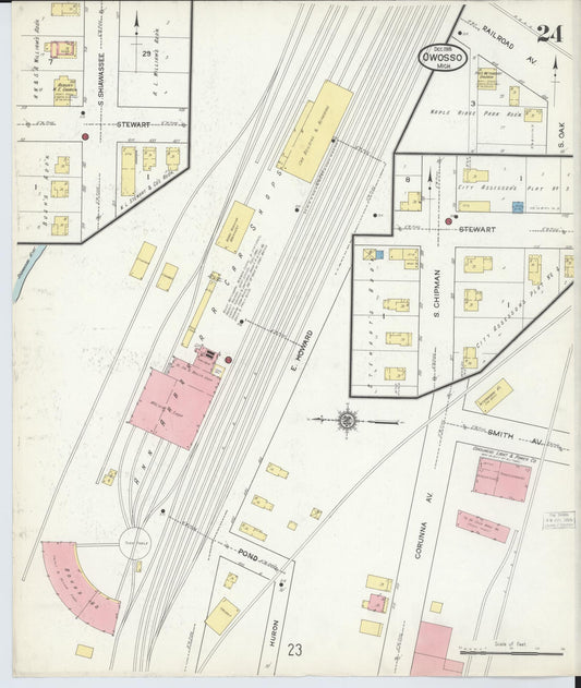 Sanborn Fire Insurance Map from Owosso, Shiawassee County, Michigan (1915), Sheet #0024 - Historic Sanborn Fire Insurance Map Print, vintage old map wall art, antique decor, genealogy gift, Michigan Michigan map