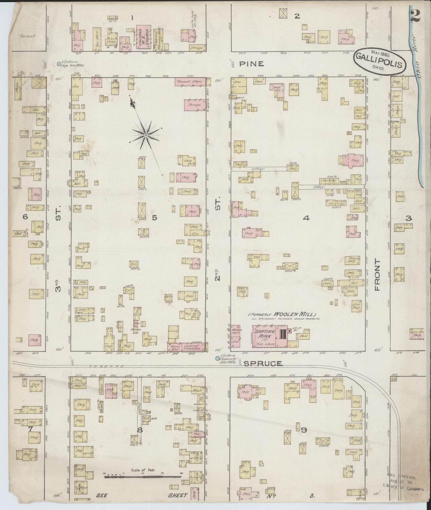Sanborn Fire Insurance Map from Gallipolis, Gallia County, Ohio (1885), Sheet #0002 - Complete Map Set gallery image, historic Sanborn map, vintage wall art, Ohio Ohio