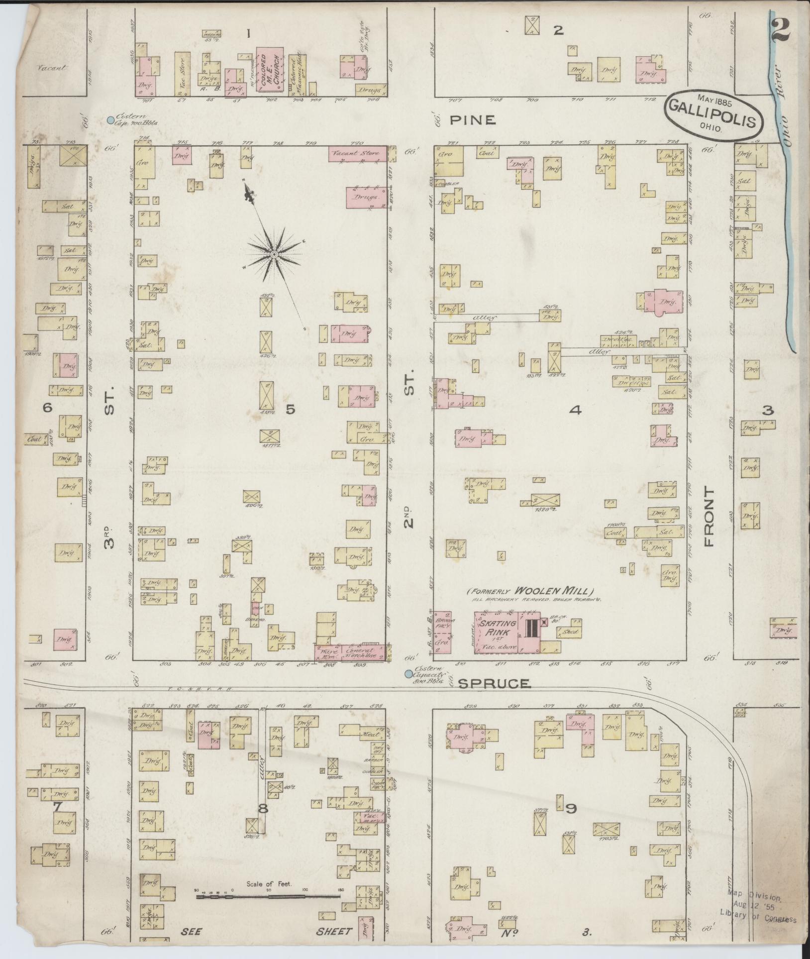 Sanborn Fire Insurance Map from Gallipolis, Gallia County, Ohio (1885), Sheet #0002 - Complete Map Set gallery image, historic Sanborn map, vintage wall art, Ohio Ohio