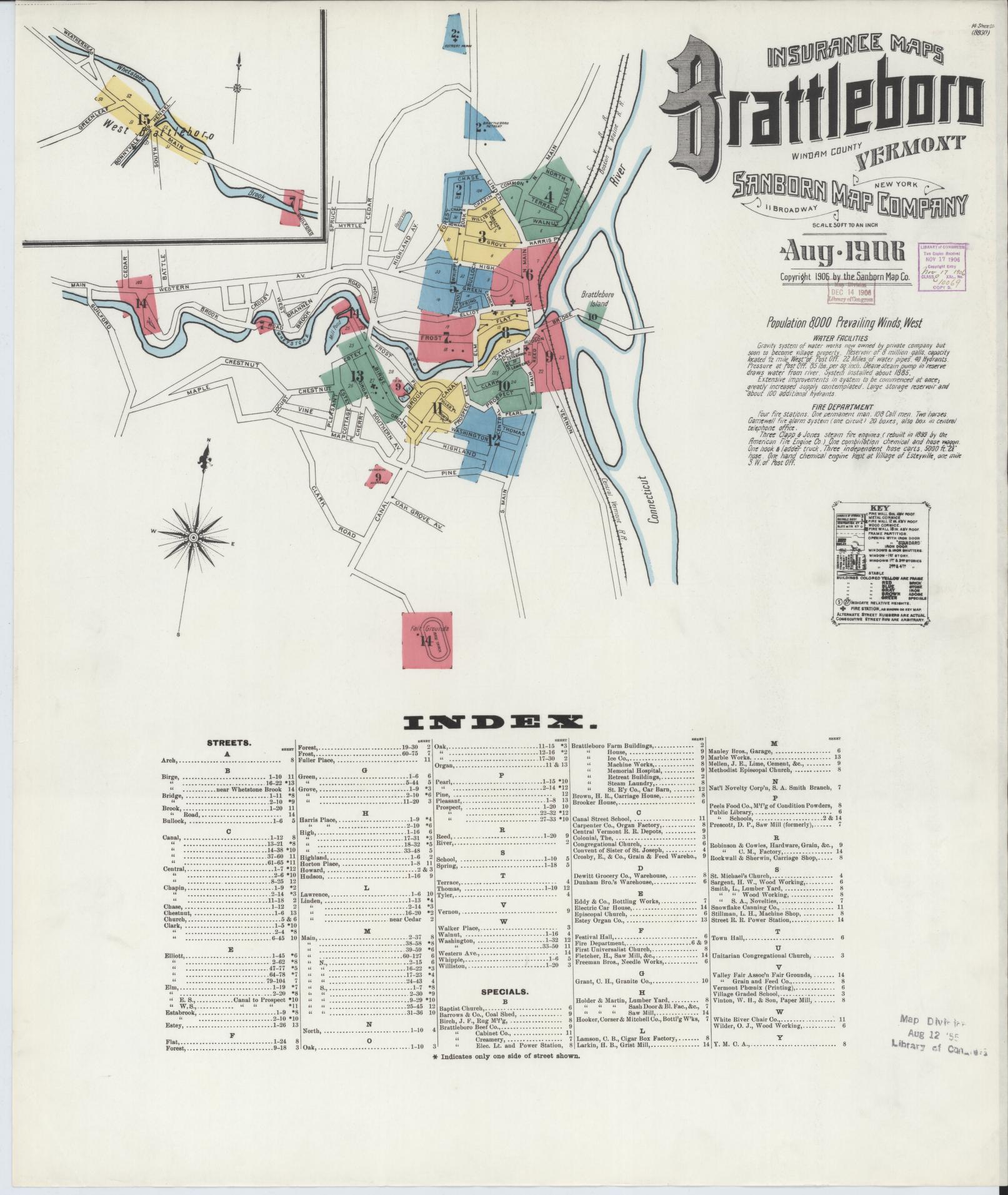 Sanborn Fire Insurance Map from Brattleboro, Windham County, Vermont (1906), Sheet #0001 - Complete Map Set gallery image, historic Sanborn map, vintage wall art, Vermont Vermont
