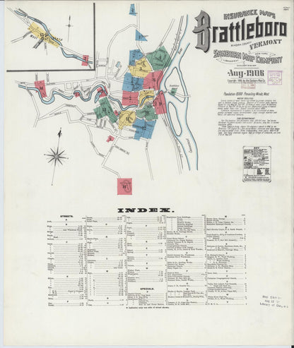 Sanborn Fire Insurance Map from Brattleboro, Windham County, Vermont (1906), Sheet #0001 - Complete Map Set gallery image, historic Sanborn map, vintage wall art, Vermont Vermont