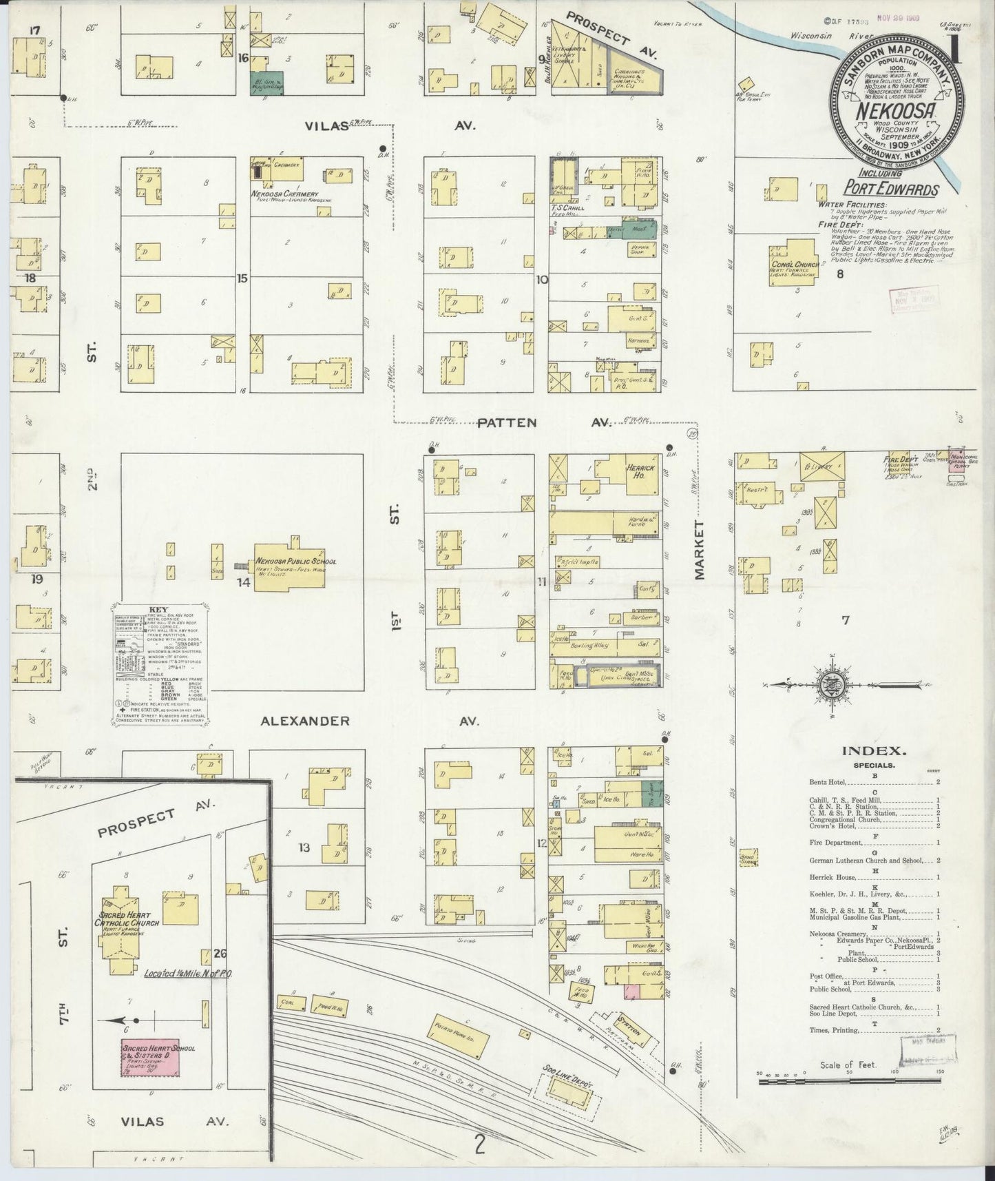 Sanborn Fire Insurance Map from Nekoosa, Wood County, Wisconsin (1909), Sheet #0001 - Historic Sanborn Fire Insurance Map Print, vintage old map wall art, antique decor, genealogy gift, Wisconsin Wisconsin map