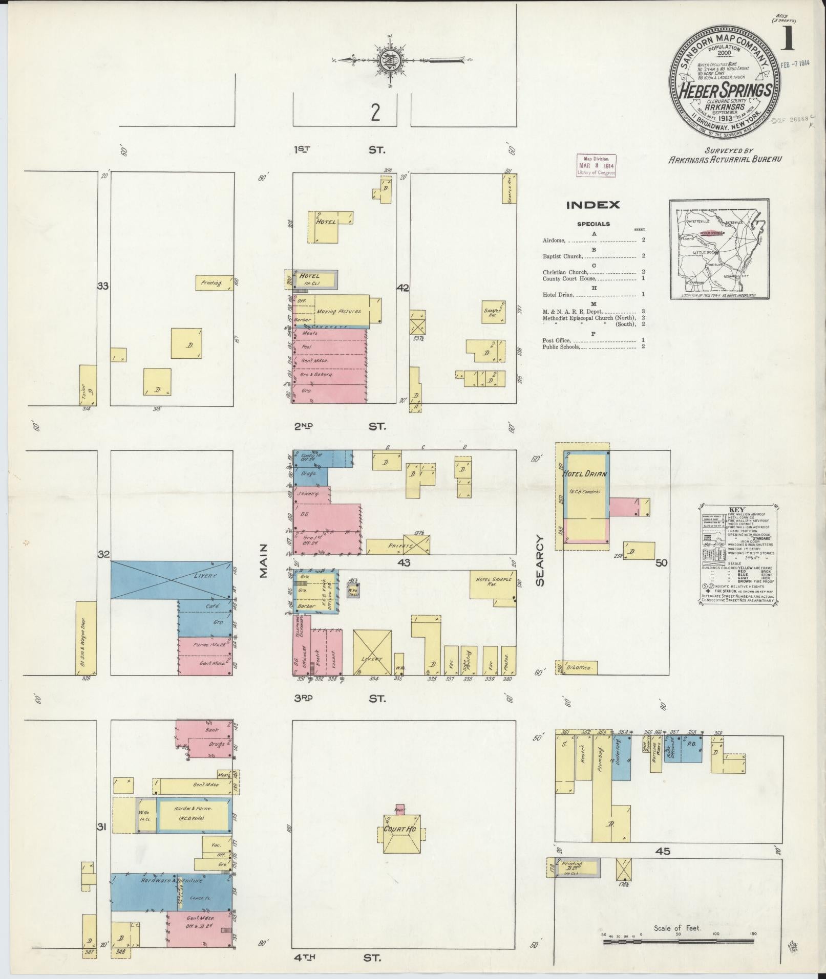 Sanborn Fire Insurance Map from Heber Springs, Cleburne County, Arkansas (1913), Sheet #0001 - Historic Sanborn Fire Insurance Map Print, vintage old map wall art, antique decor, genealogy gift, Arkansas Arkansas map