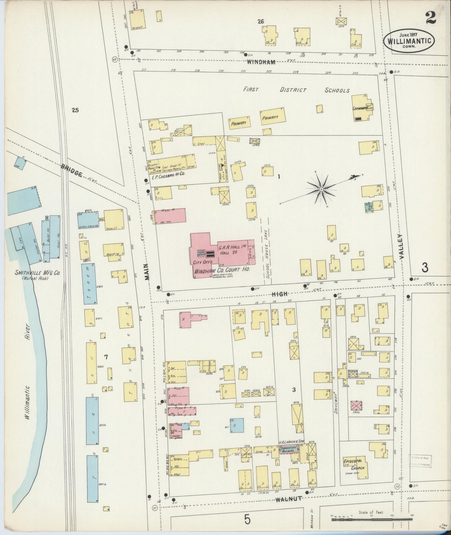 Sanborn Fire Insurance Map from Willimantic, Windham County, Connecticut (1897), Sheet #0002 - Historic Sanborn Fire Insurance Map Print, vintage old map wall art, antique decor, genealogy gift, Connecticut Connecticut map