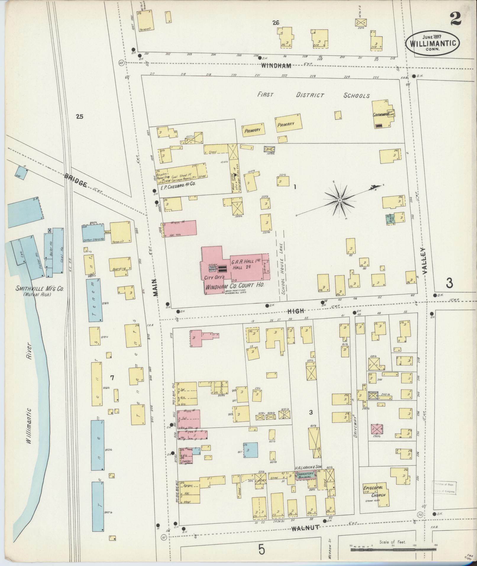 Sanborn Fire Insurance Map from Willimantic, Windham County, Connecticut (1897), Sheet #0002 - Historic Sanborn Fire Insurance Map Print, vintage old map wall art, antique decor, genealogy gift, Connecticut Connecticut map