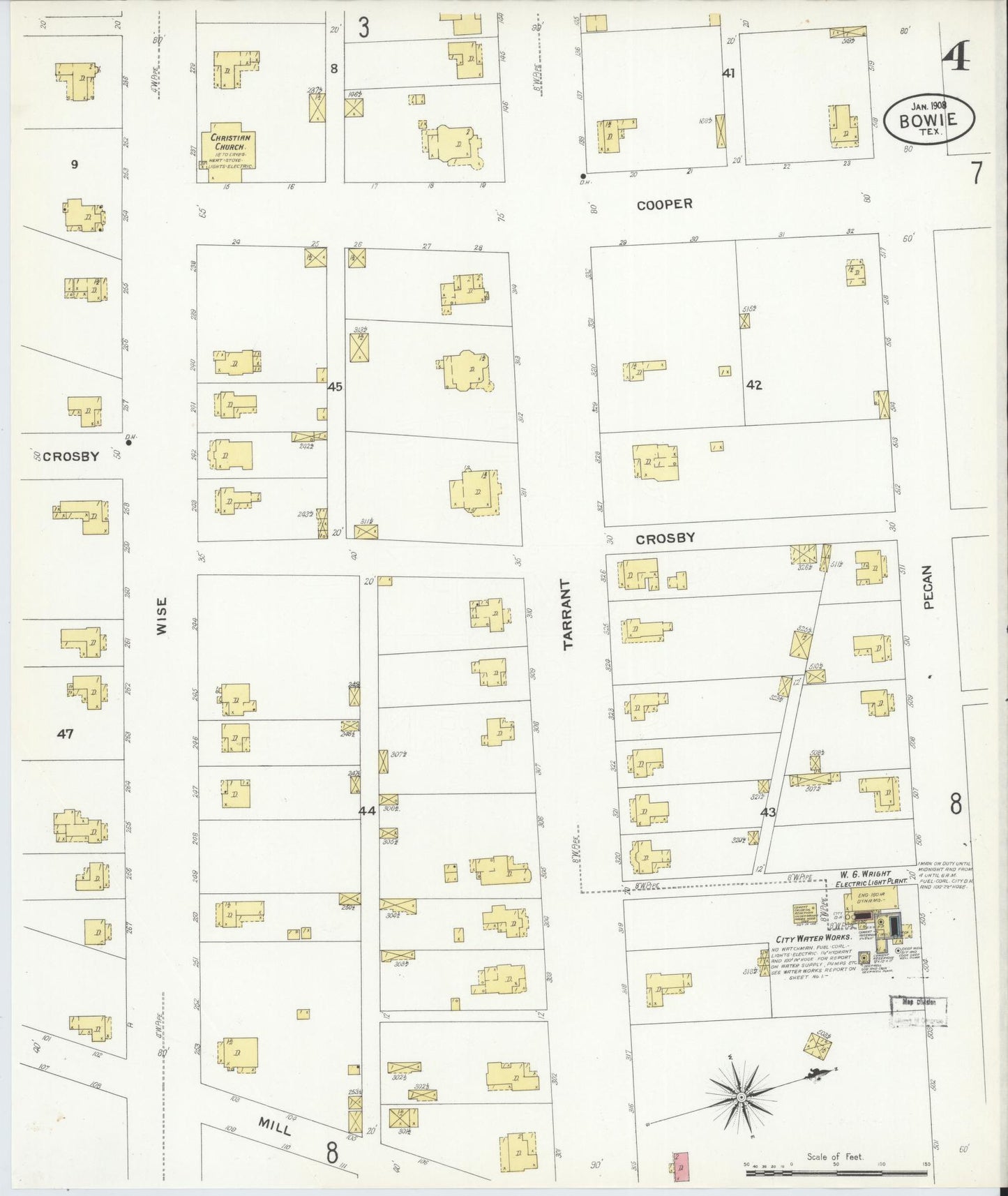 Sanborn Fire Insurance Map from Bowie, Montague County, Texas (1908), Sheet #0004 - Historic Sanborn Fire Insurance Map Print, vintage old map wall art, antique decor, genealogy gift, Texas Texas map