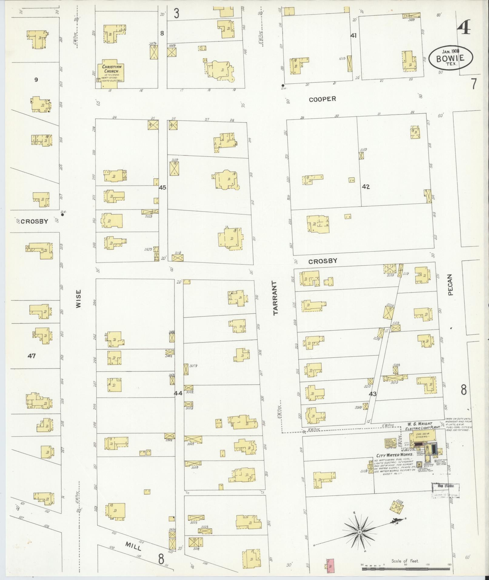 Sanborn Fire Insurance Map from Bowie, Montague County, Texas (1908), Sheet #0004 - Historic Sanborn Fire Insurance Map Print, vintage old map wall art, antique decor, genealogy gift, Texas Texas map