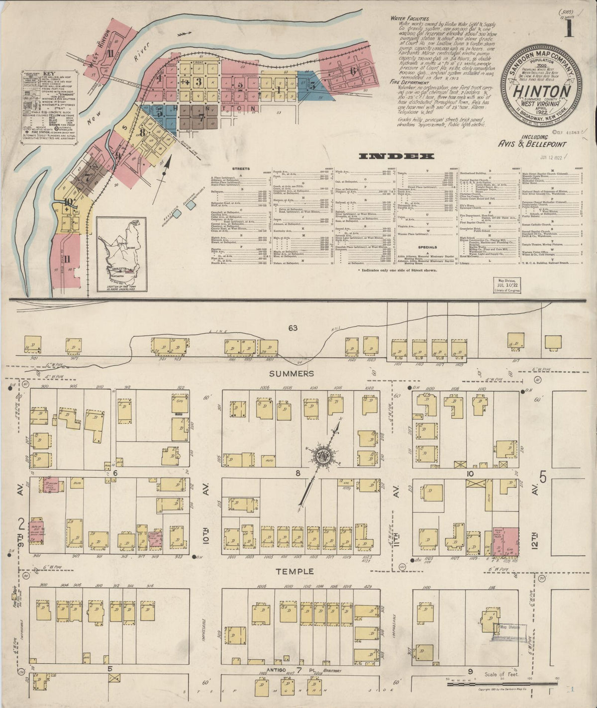 Sanborn Fire Insurance Map from Hinton, Summer County, West Virginia (1922), Sheet #0001 - Complete Map Set gallery image, historic Sanborn map, vintage wall art, West Virginia West Virginia