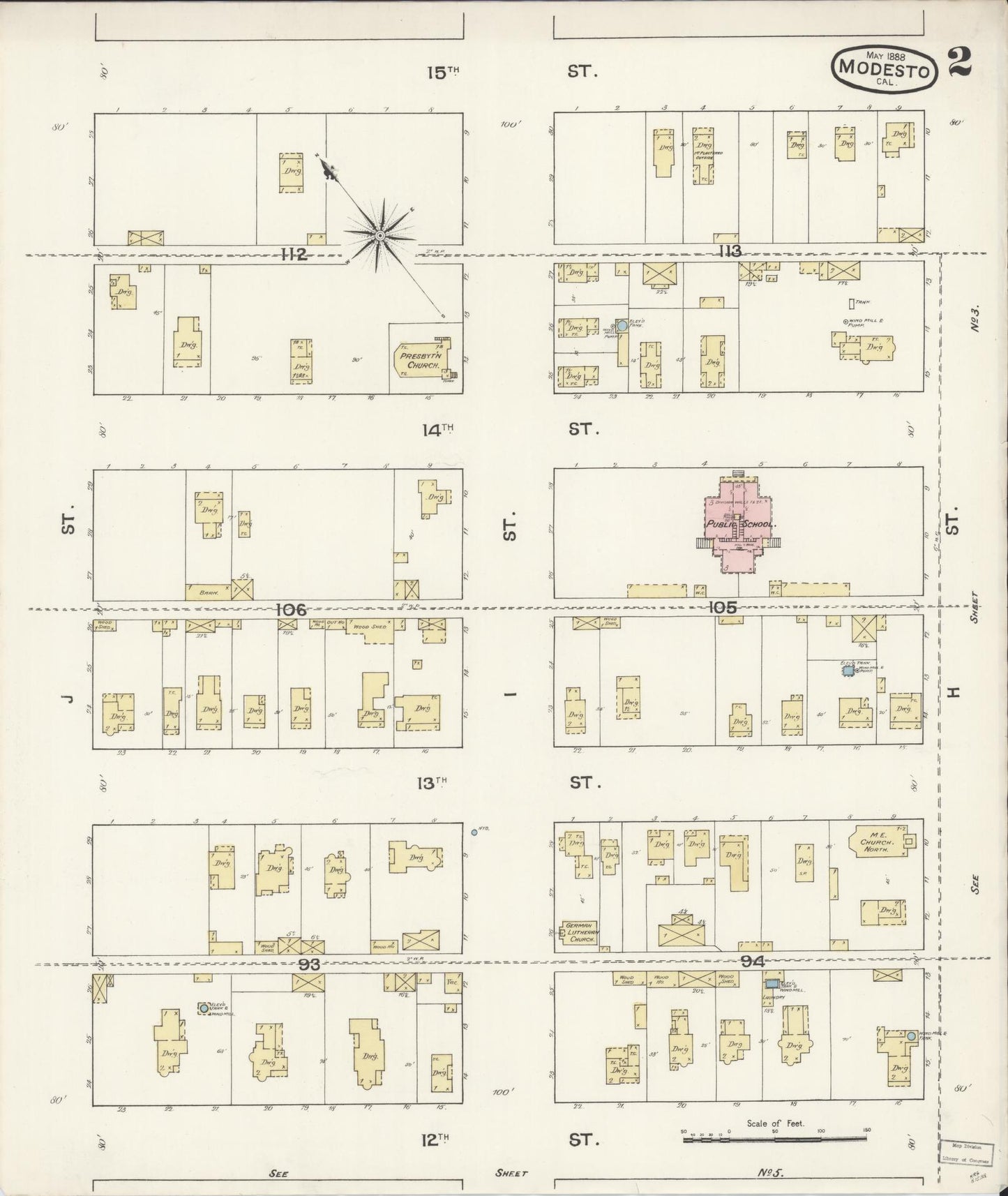Sanborn Fire Insurance Map from Modesto, Stanislaus County, California (1888), Sheet #0002 - Complete Map Set gallery image, historic Sanborn map, vintage wall art, California California