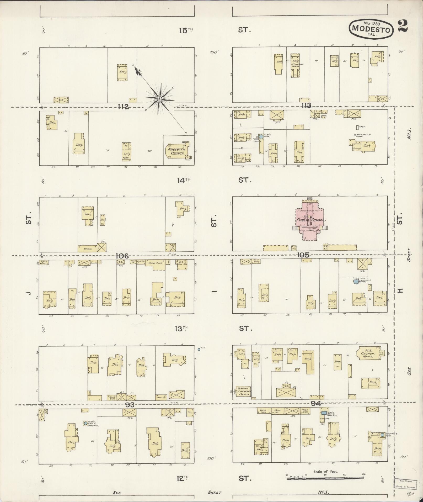 Sanborn Fire Insurance Map from Modesto, Stanislaus County, California (1888), Sheet #0002 - Complete Map Set gallery image, historic Sanborn map, vintage wall art, California California