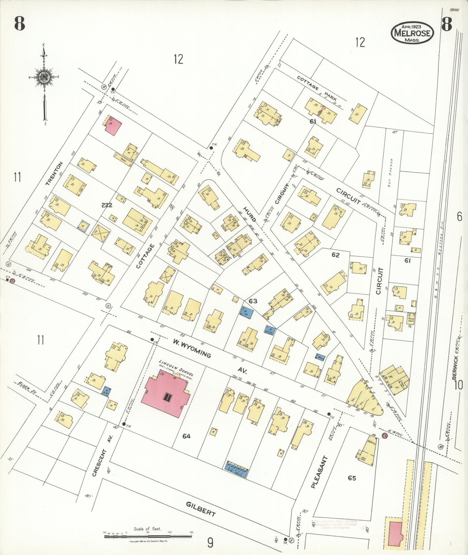 Sanborn Fire Insurance Map from Melrose, Middlesex County, Massachusetts (1923), Sheet #0008 - Historic Sanborn Fire Insurance Map Print, vintage old map wall art, antique decor, genealogy gift, Massachusetts Massachusetts map
