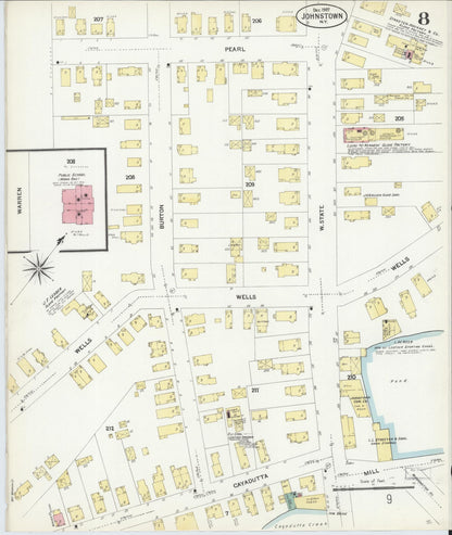 Sanborn Fire Insurance Map from Johnstown, Fulton County, New York (1907), Sheet #0008 - Historic Sanborn Fire Insurance Map Print, vintage old map wall art, antique decor, genealogy gift, New York New York map