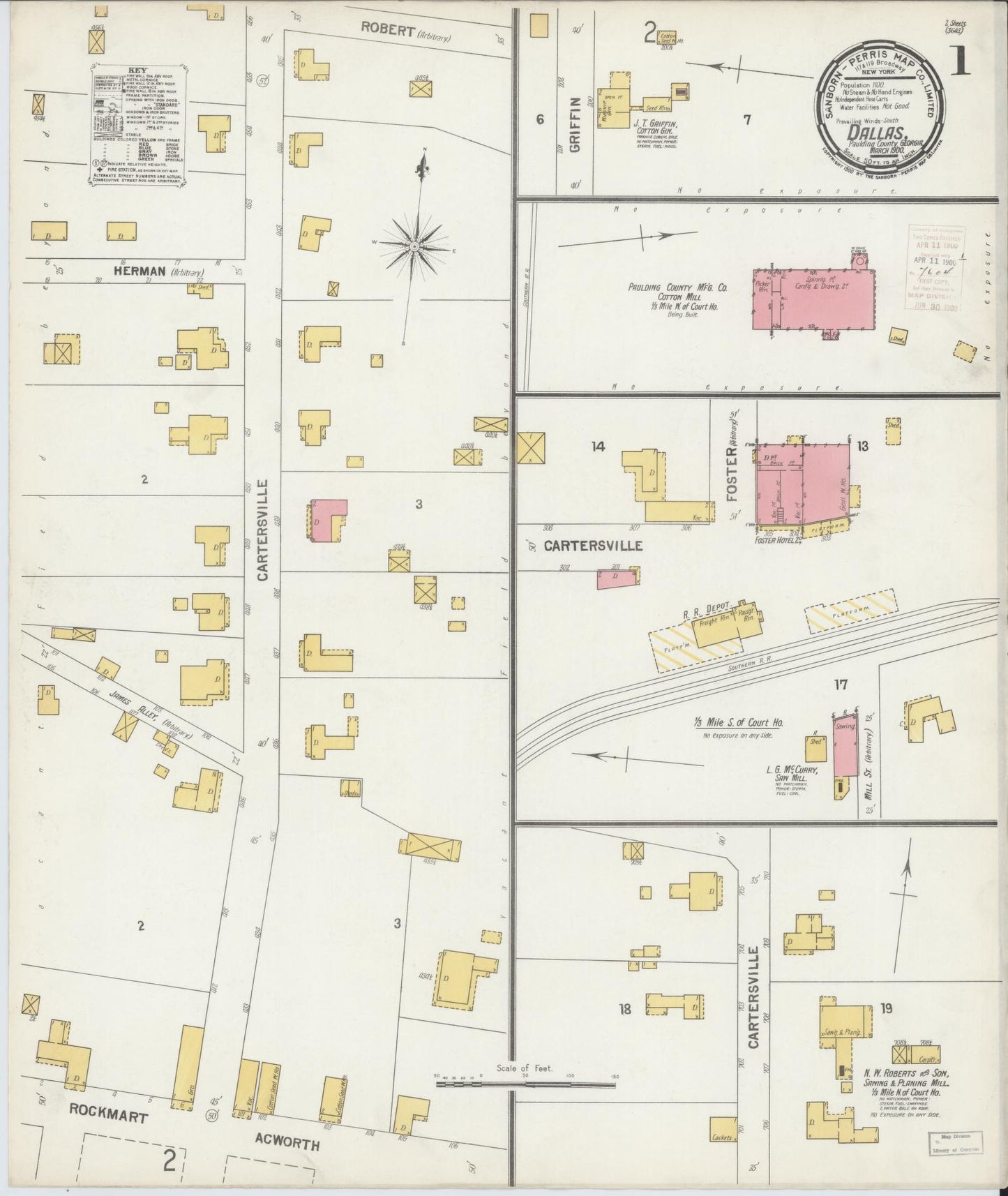Sanborn Fire Insurance Map from Dallas, Paulding County, Georgia (1900), Sheet #0001 - Complete Map Set gallery image, historic Sanborn map, vintage wall art, Georgia Georgia