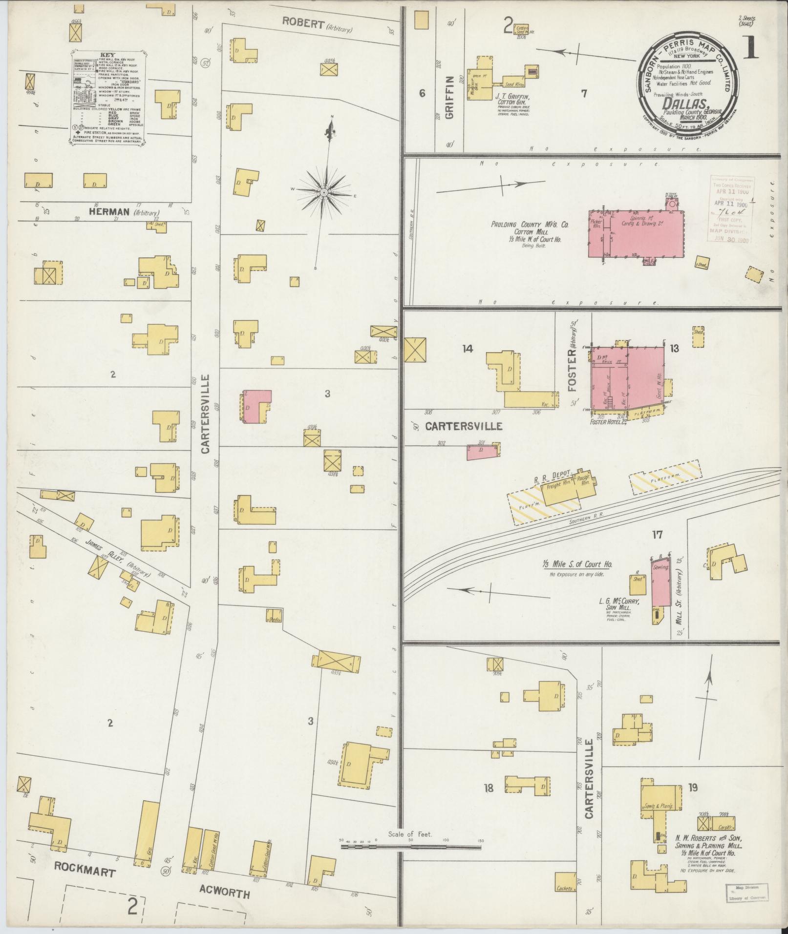 Sanborn Fire Insurance Map from Dallas, Paulding County, Georgia (1900), Sheet #0001 - Complete Map Set gallery image, historic Sanborn map, vintage wall art, Georgia Georgia