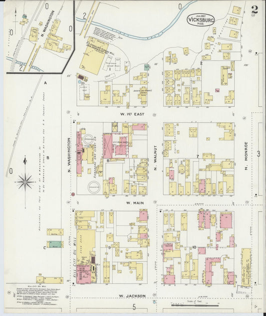 Sanborn Fire Insurance Map from Vicksburg, Warren County, Mississippi (1897), Sheet #0002 - Historic Sanborn Fire Insurance Map Print, vintage old map wall art, antique decor, genealogy gift, Mississippi Mississippi map