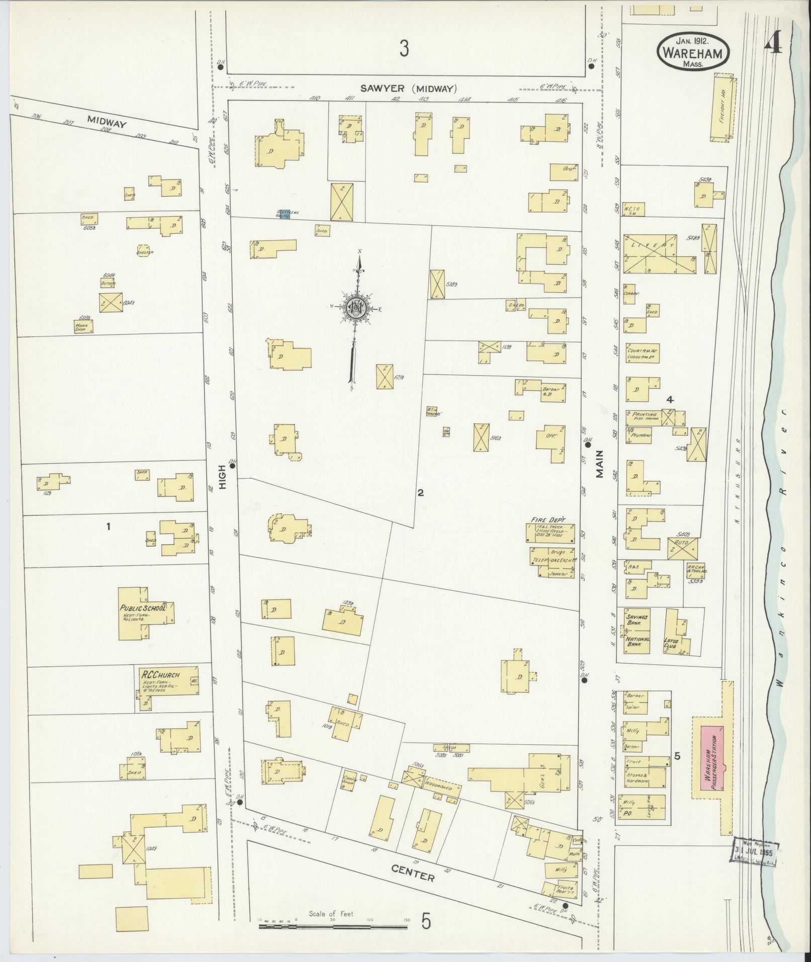 Sanborn Fire Insurance Map from Wareham, Plymouth County, Massachusetts (1912), Sheet #0004 - Historic Sanborn Fire Insurance Map Print, vintage old map wall art, antique decor, genealogy gift, Massachusetts Massachusetts map