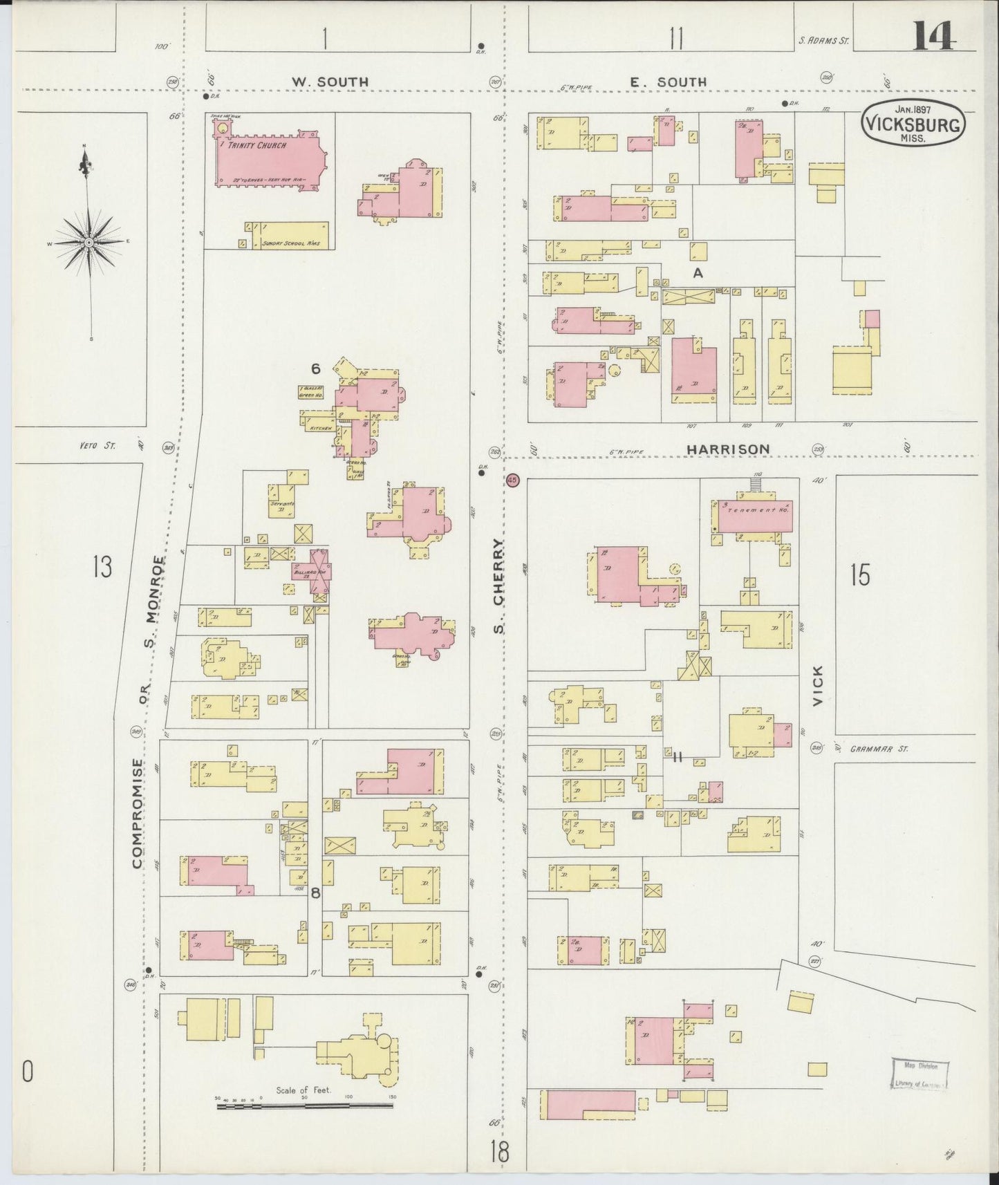 Sanborn Fire Insurance Map from Vicksburg, Warren County, Mississippi (1897), Sheet #0014 - Historic Sanborn Fire Insurance Map Print, vintage old map wall art, antique decor, genealogy gift, Mississippi Mississippi map