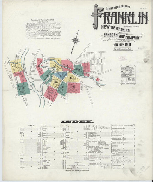 Sanborn Fire Insurance Map from Franklin, Merrimack County, New Hampshire (1911), Sheet #0001 - Historic Sanborn Fire Insurance Map Print, vintage old map wall art, antique decor, genealogy gift, New Hampshire New Hampshire map