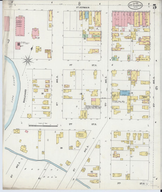 Sanborn Fire Insurance Map from Saint Cloud, Stearns, Benton, and Sherburne Counties, Minnesota (1898), Sheet #0005 - Historic Sanborn Fire Insurance Map Print, vintage old map wall art, antique decor, genealogy gift, Minnesota Minnesota map