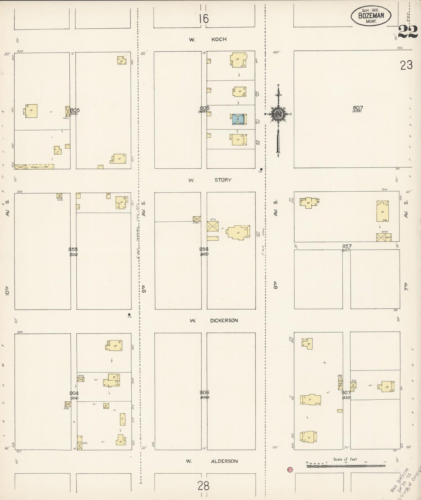 Sanborn Fire Insurance Map from Bozeman, Gallatin County, Montana (1912), Sheet #0022 - Historic Sanborn Fire Insurance Map Print, vintage old map wall art, antique decor, genealogy gift, Montana Montana map