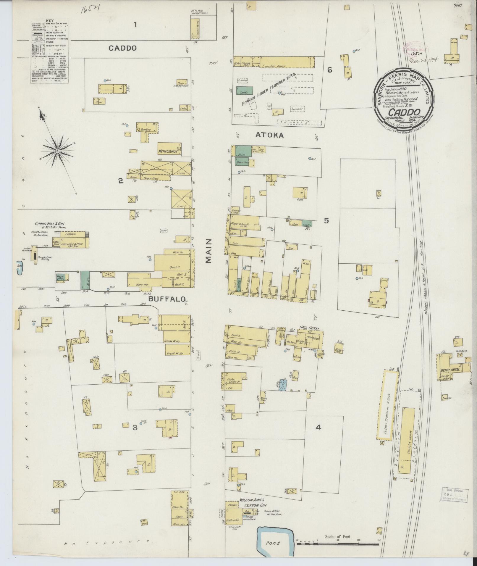 Sanborn Fire Insurance Map from Caddo, Bryan County, Oklahoma (1894), Sheet #0001 - Historic Sanborn Fire Insurance Map Print, vintage old map wall art, antique decor, genealogy gift, Oklahoma Oklahoma map
