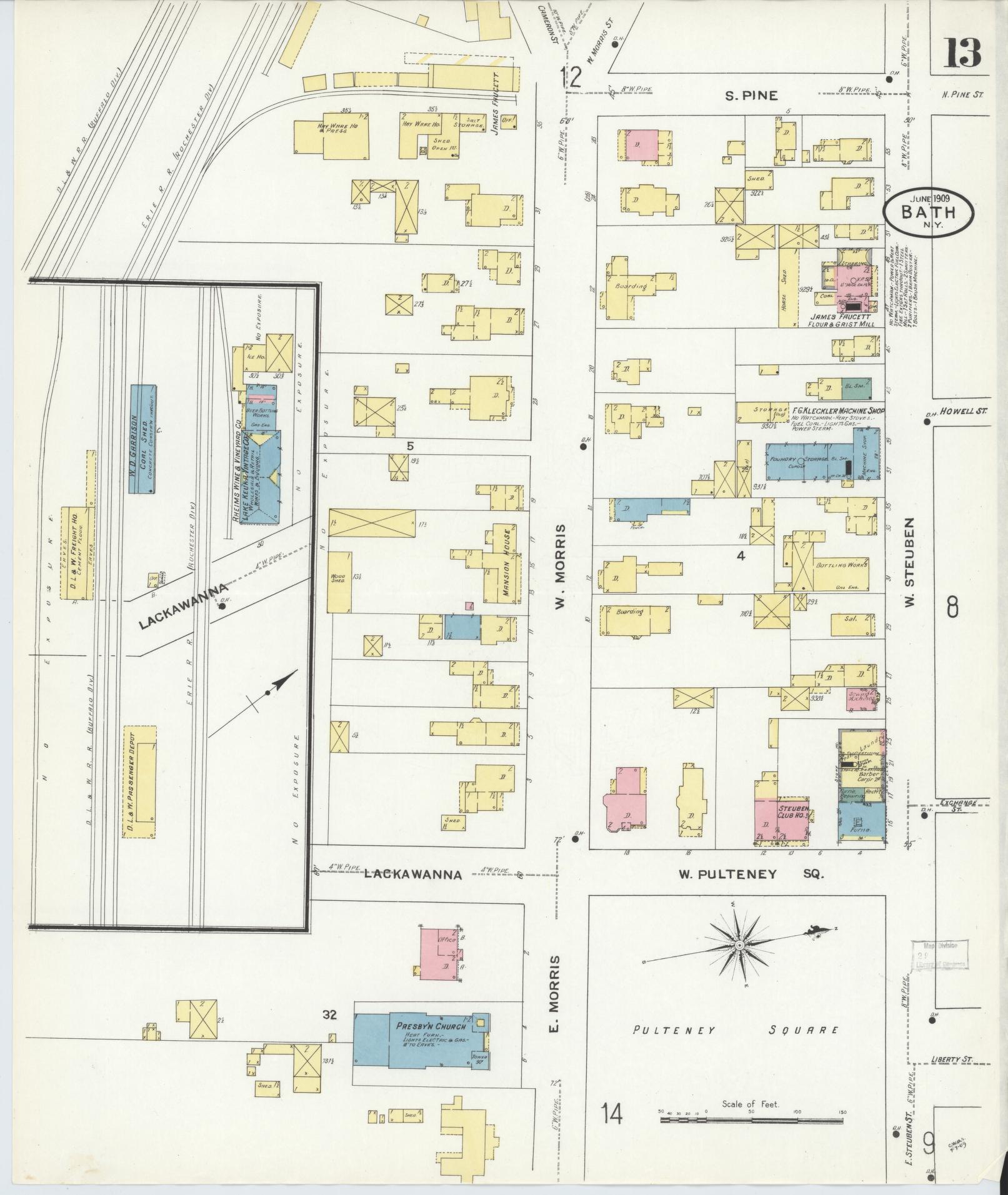 Sanborn Fire Insurance Map from Bath, Steuben County, New York (1909), Sheet #0013 - Complete Map Set gallery image, historic Sanborn map, vintage wall art, New York New York