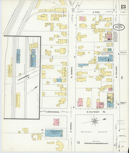 Sanborn Fire Insurance Map from Bath, Steuben County, New York (1909), Sheet #0013 - Complete Map Set gallery image, historic Sanborn map, vintage wall art, New York New York