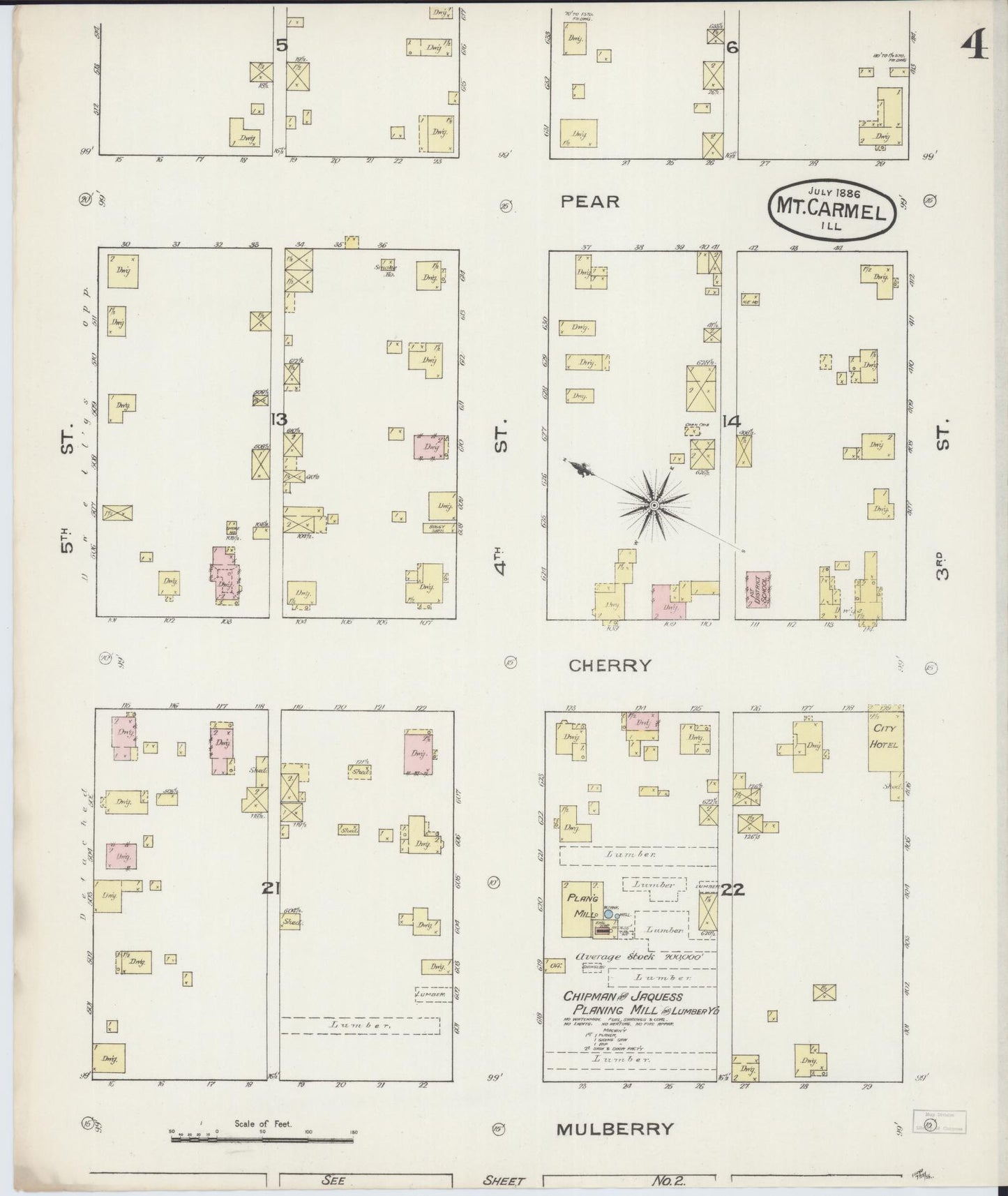 Sanborn Fire Insurance Map from Mount Carmel, Wabash County, Illinois (1886), Sheet #0004 - Complete Map Set gallery image, historic Sanborn map, vintage wall art, Illinois Illinois