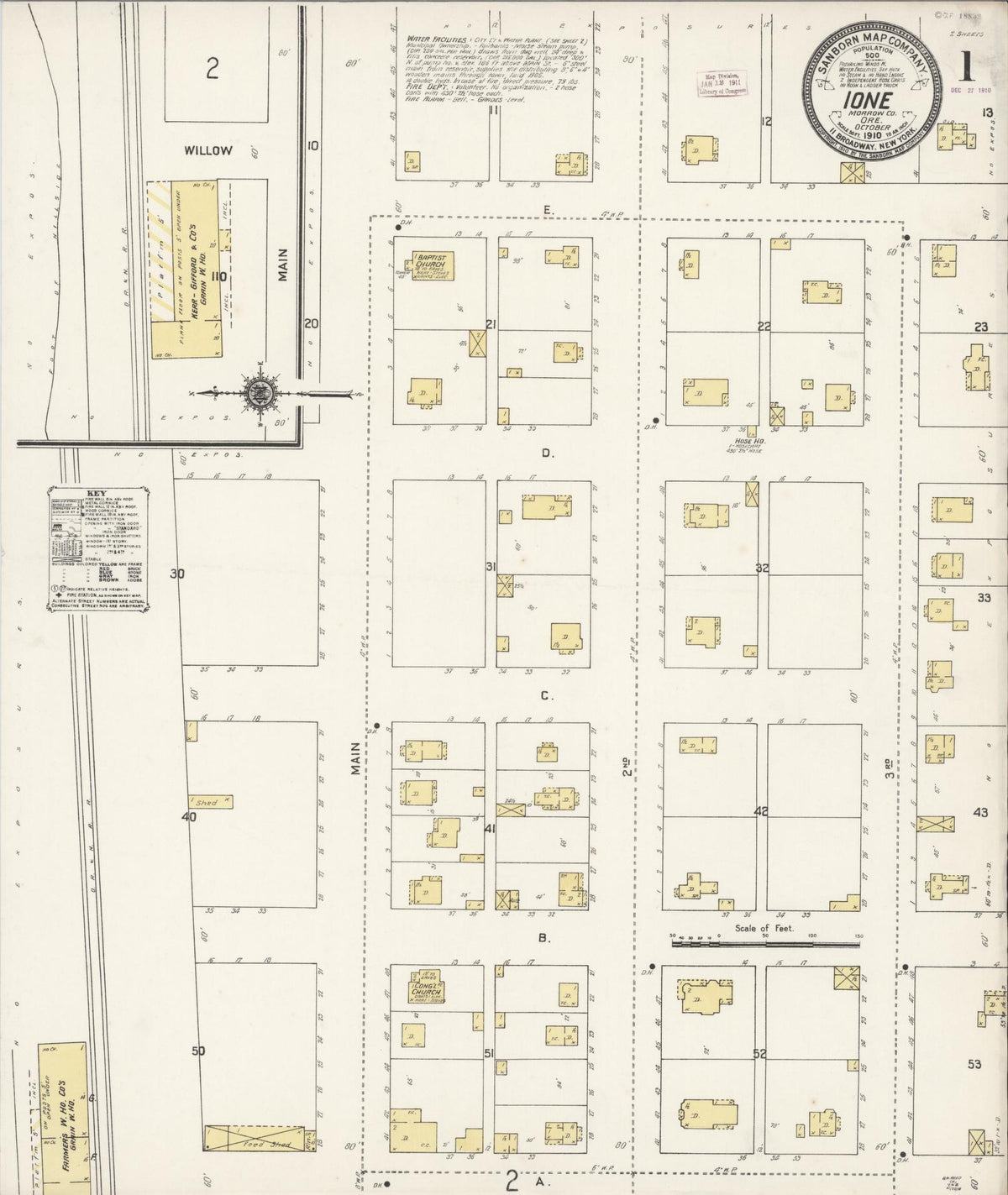 Sanborn Fire Insurance Map from Ione, Morrow County, Oregon (1910), Sheet #0001 - Historic Sanborn Fire Insurance Map Print, vintage old map wall art, antique decor, genealogy gift, Oregon Oregon map