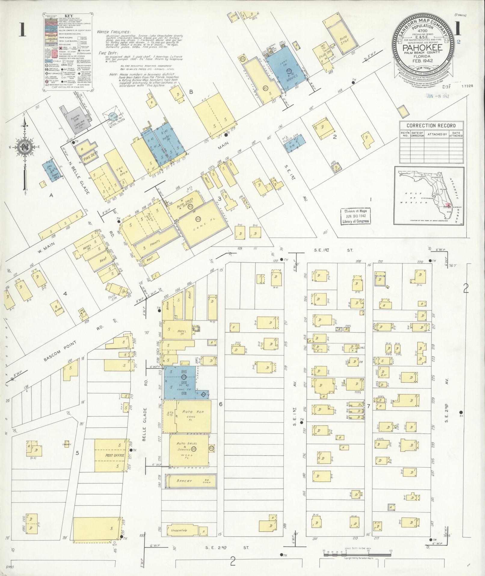 Sanborn Fire Insurance Map from Pahokee, Palm Beach County, Florida (1942), Sheet #0001 - Historic Sanborn Fire Insurance Map Print, vintage old map wall art, antique decor, genealogy gift, Florida Florida map