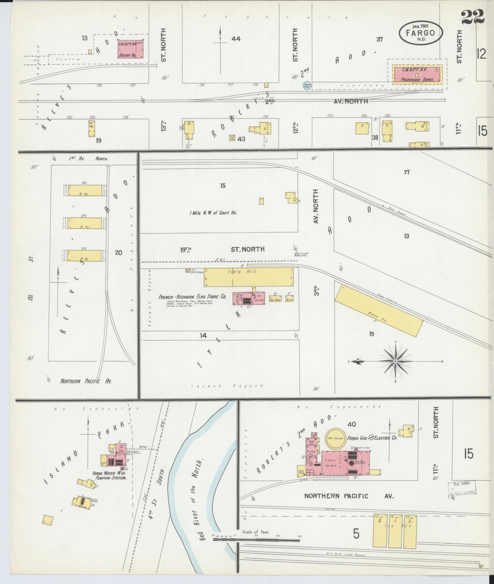 Sanborn Fire Insurance Map from Fargo, Cass County, North Dakota (1901), Sheet #0022 - Historic Sanborn Fire Insurance Map Print, vintage old map wall art, antique decor, genealogy gift, North Dakota North Dakota map