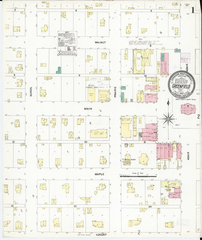Sanborn Fire Insurance Map from Greenfield, Adair County, Iowa (1907), Sheet #0001 - Historic Sanborn Fire Insurance Map Print