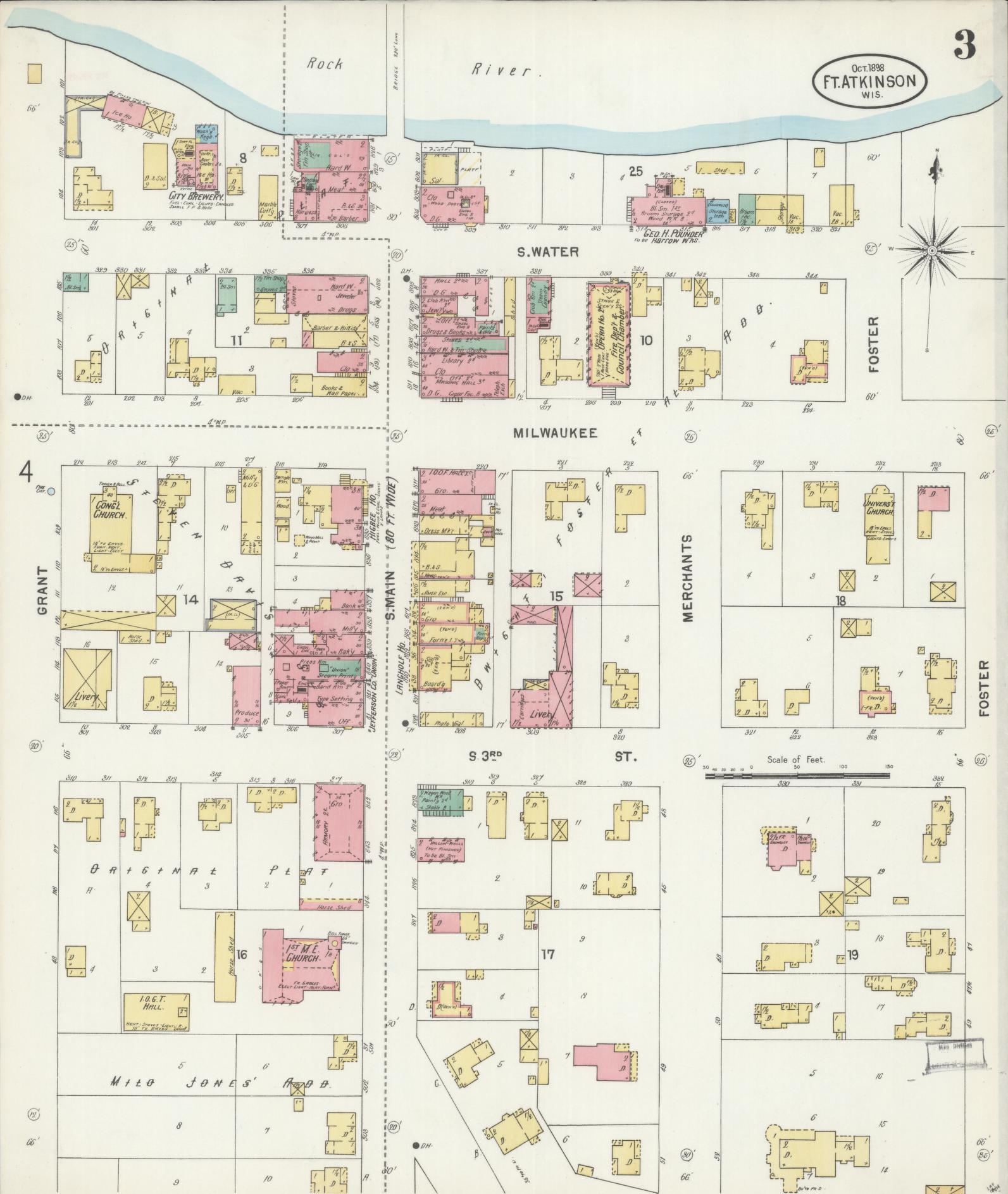 Sanborn Fire Insurance Map from Fort Atkinson, Jefferson County, Wisconsin (1898), Sheet #0003 - Historic Sanborn Fire Insurance Map Print, vintage old map wall art, antique decor, genealogy gift, Wisconsin Wisconsin map
