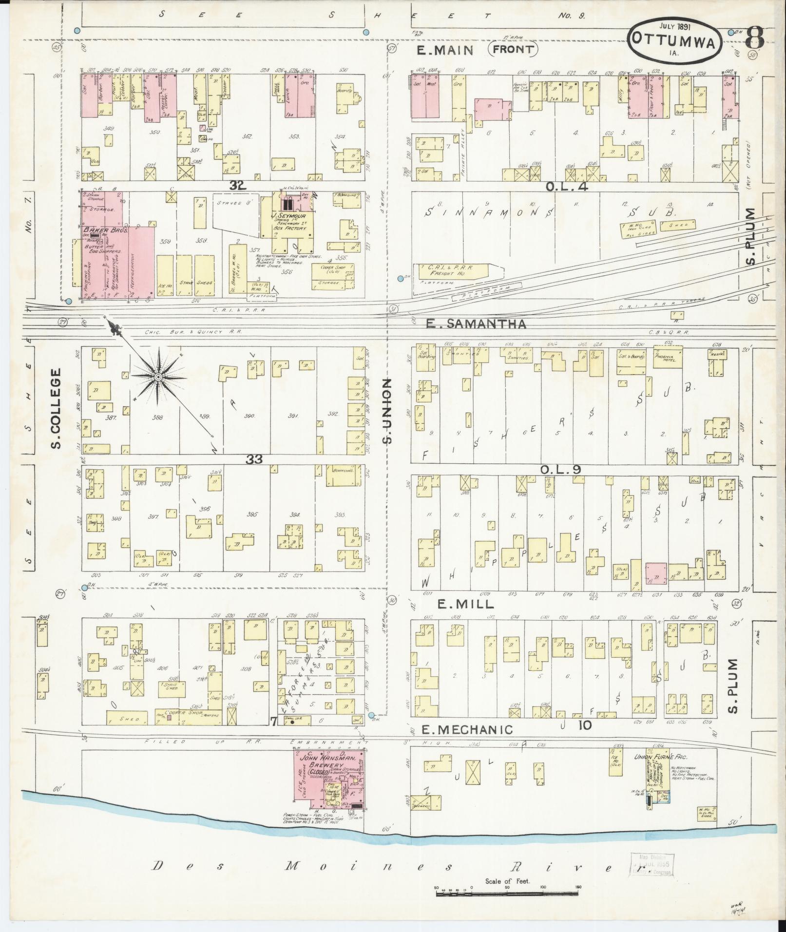 Sanborn Fire Insurance Map from Ottumwa, Wapello County, Iowa (1891), Sheet #0008 - Historic Sanborn Fire Insurance Map Print, vintage old map wall art